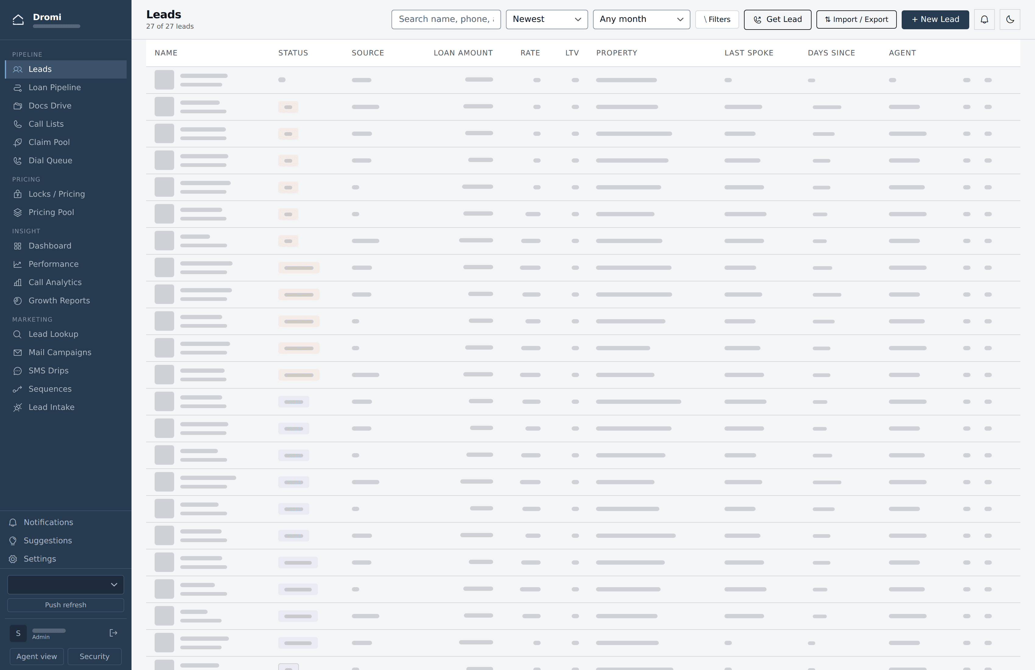 The Dromi lead list. Borrower data is masked.